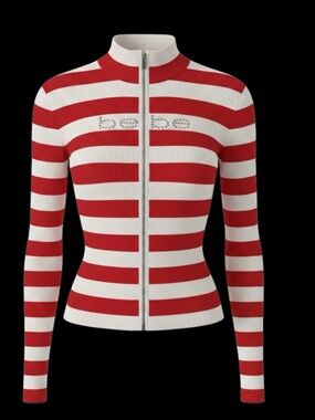 Bebe red and white striped with silver bling zippered sweater. Sz. L